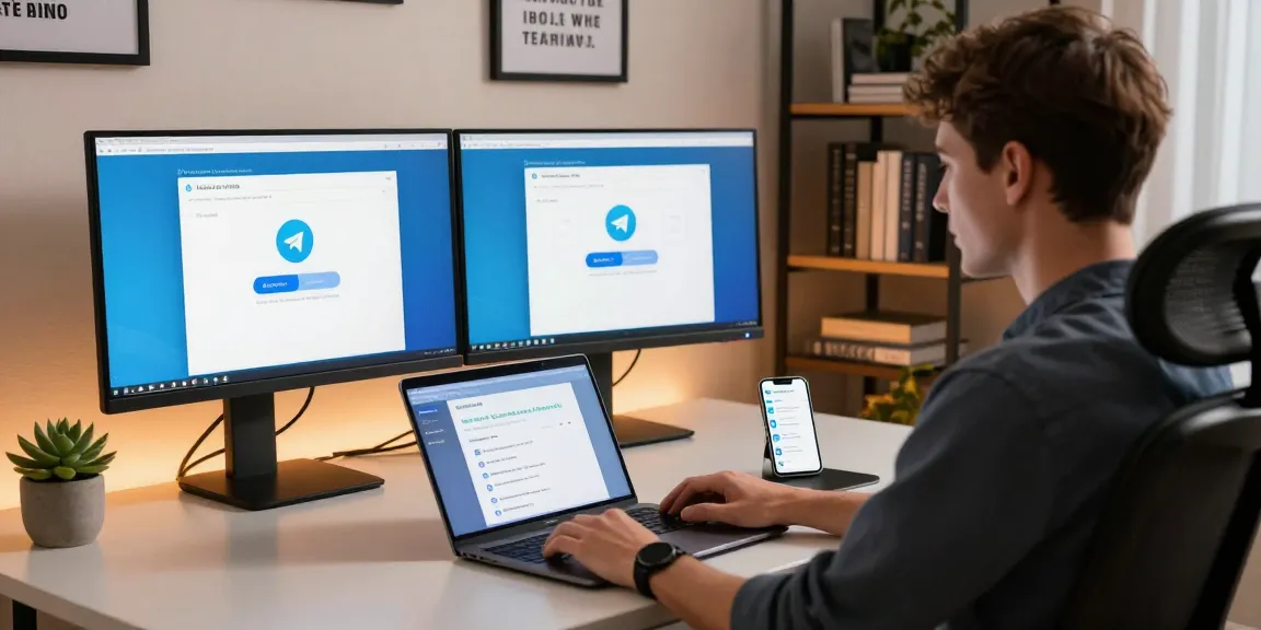 Working professional using Telegram Web Version in a modern office setup with dual monitors and laptop.