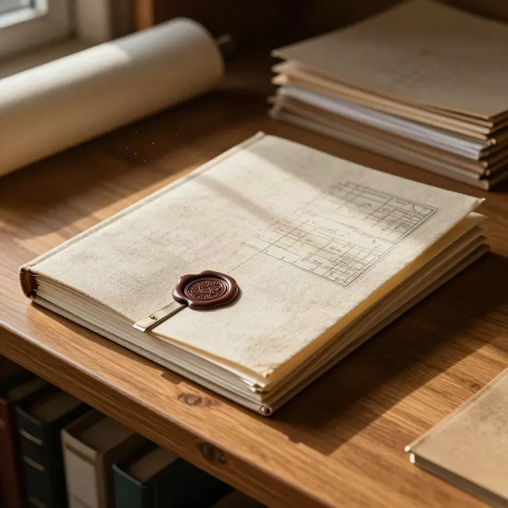 Linnen archiefmap met waszegel en vellum op houten plank in warm kantoorlicht.