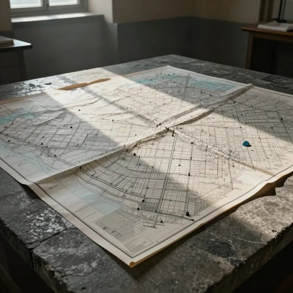Grote grenskaart op steen met perceellijnen, markerstenen en zachte nevel.