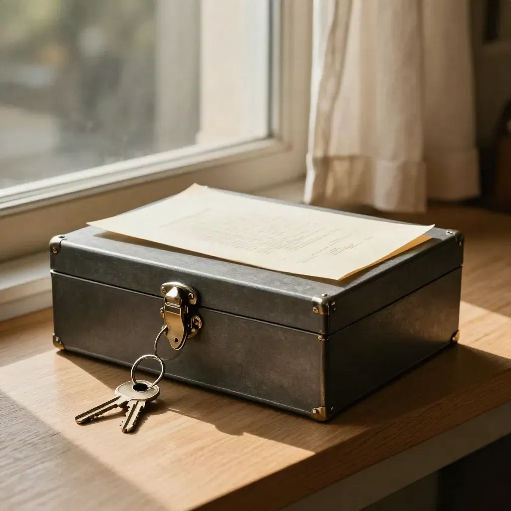 Afgesloten dossierbox met sleutels en akte-omslag op een warme vensterbank.