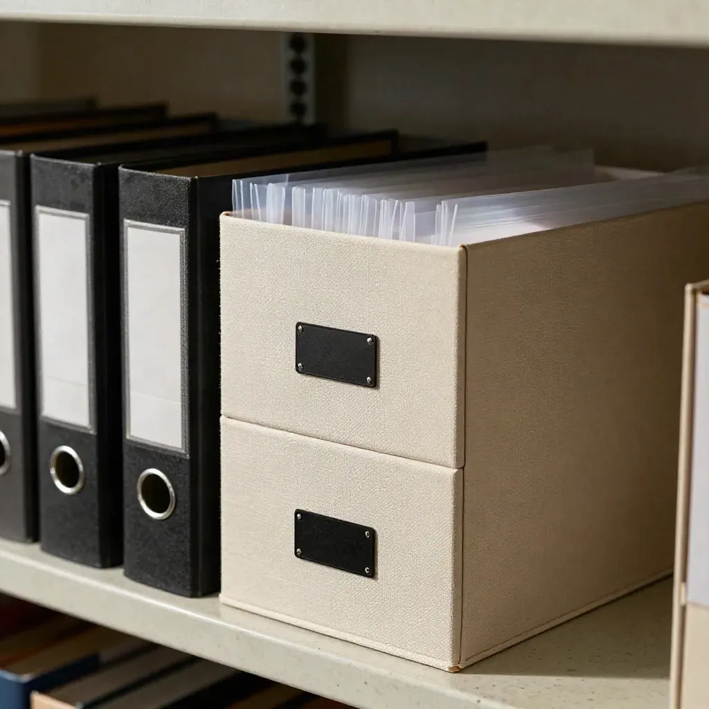 Archiefdozen, binders, dossierhoezen en een datumstempel op travertin in zacht zijlicht.