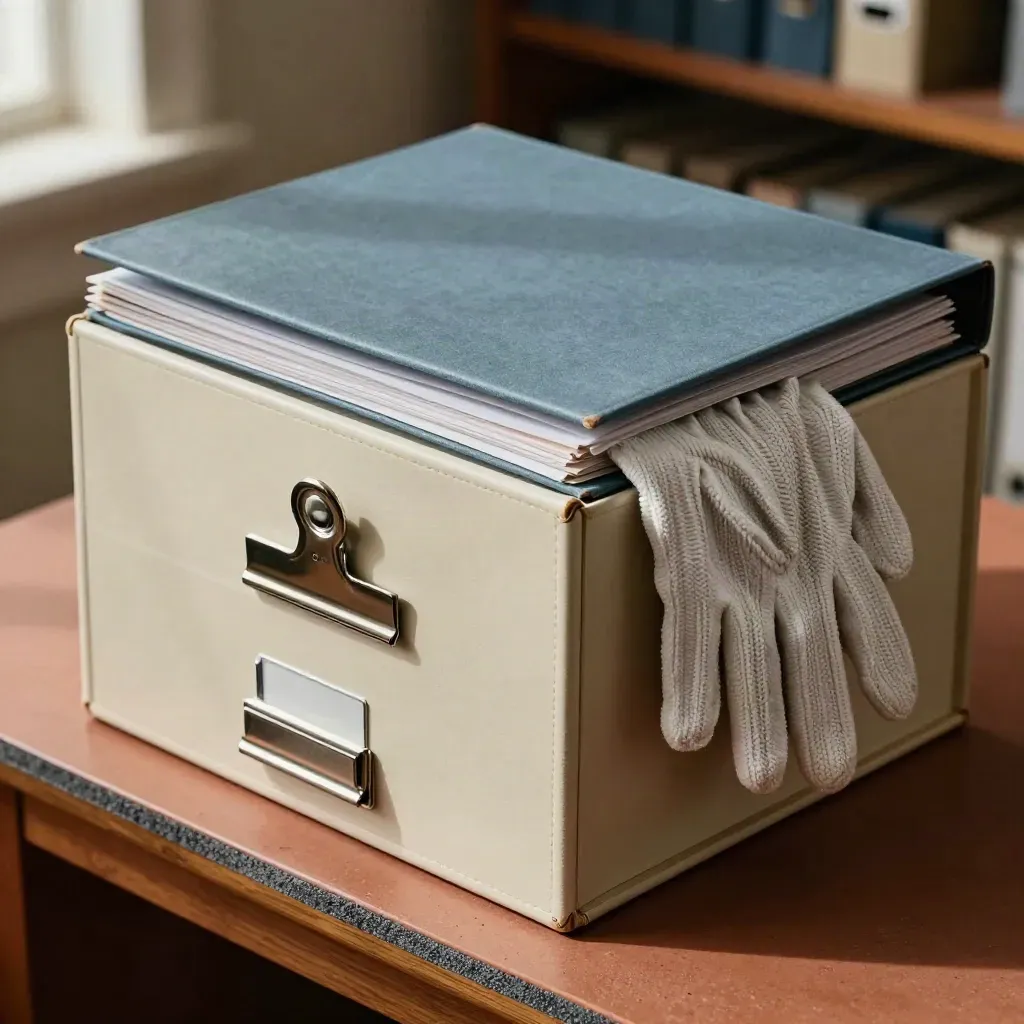 Archiefstapel met boxfiles, katoenen handschoenen, clips en een omgedraaide maprug.
