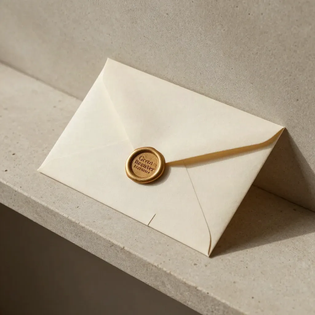 Bovenaanzicht van een envelop, aanvraagkaartje en messing stempel op een lichte stenen plank.