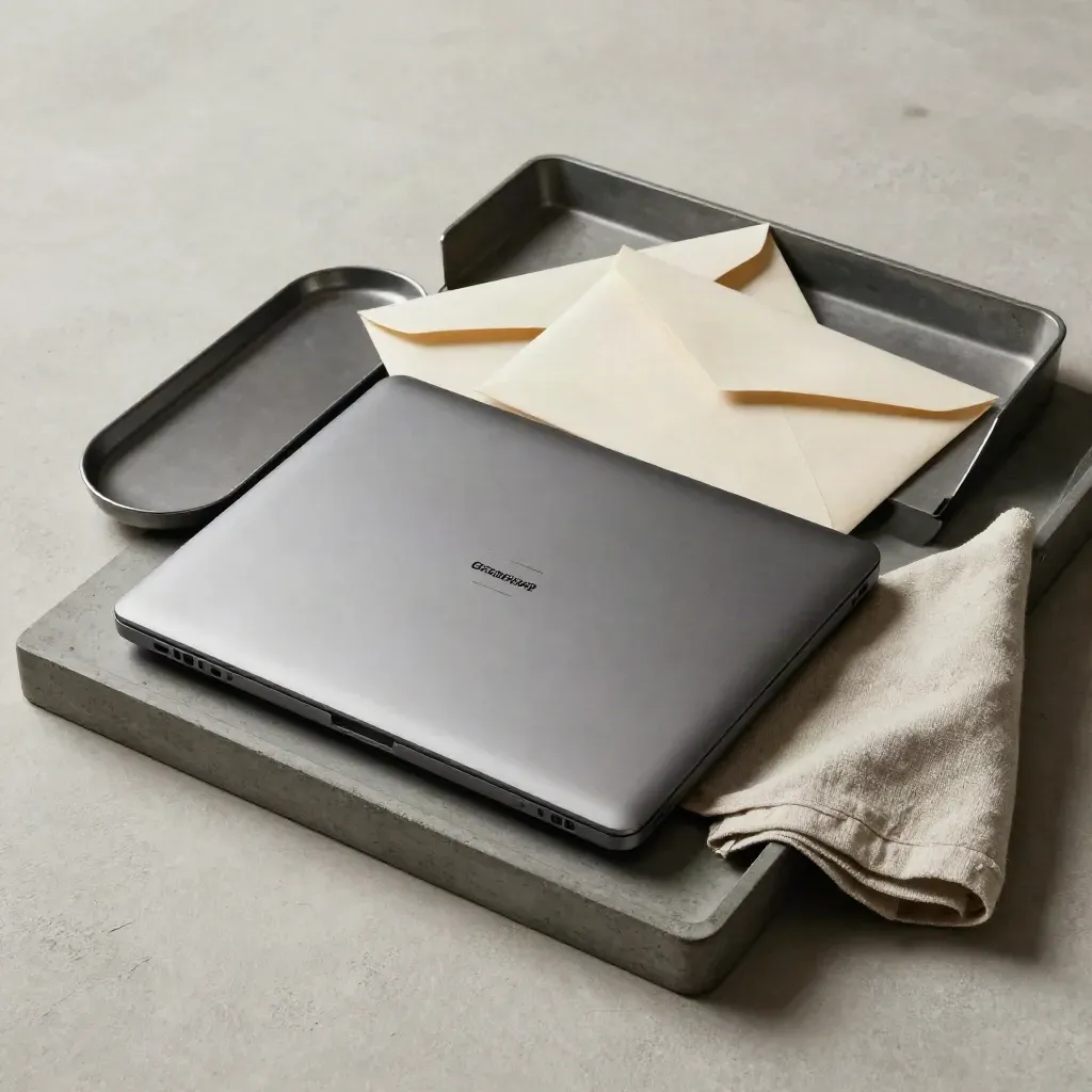 Gesloten laptop, verzegelde envelop en smalle mailbak op een stenen tray met linnen doek.