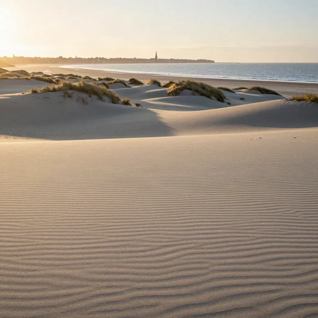 Kust van Noord-Holland met duinen, zee en een verre stedelijke rand in gouden avondlicht.