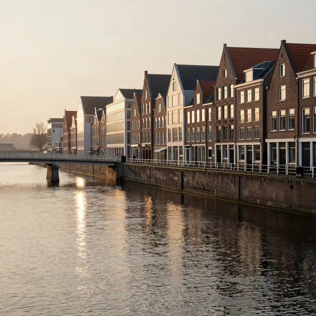 Avondskyline van Zuid-Holland met bruggen, grachten en mistig havenlicht